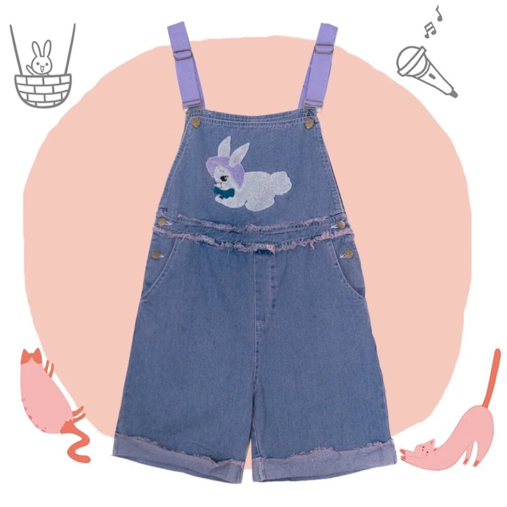 Womens Kawaii Bunny Rabbit Denim Overall Shorts NWOT